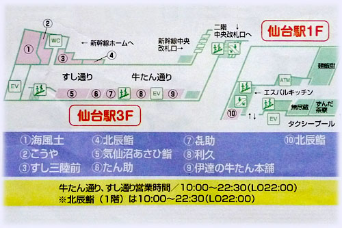 仙台駅3階の牛タン通り、すし通り